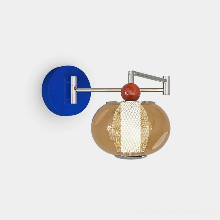 Gyro modern wall sconce with spherical glass shade and adjustable swing arm in direct front view