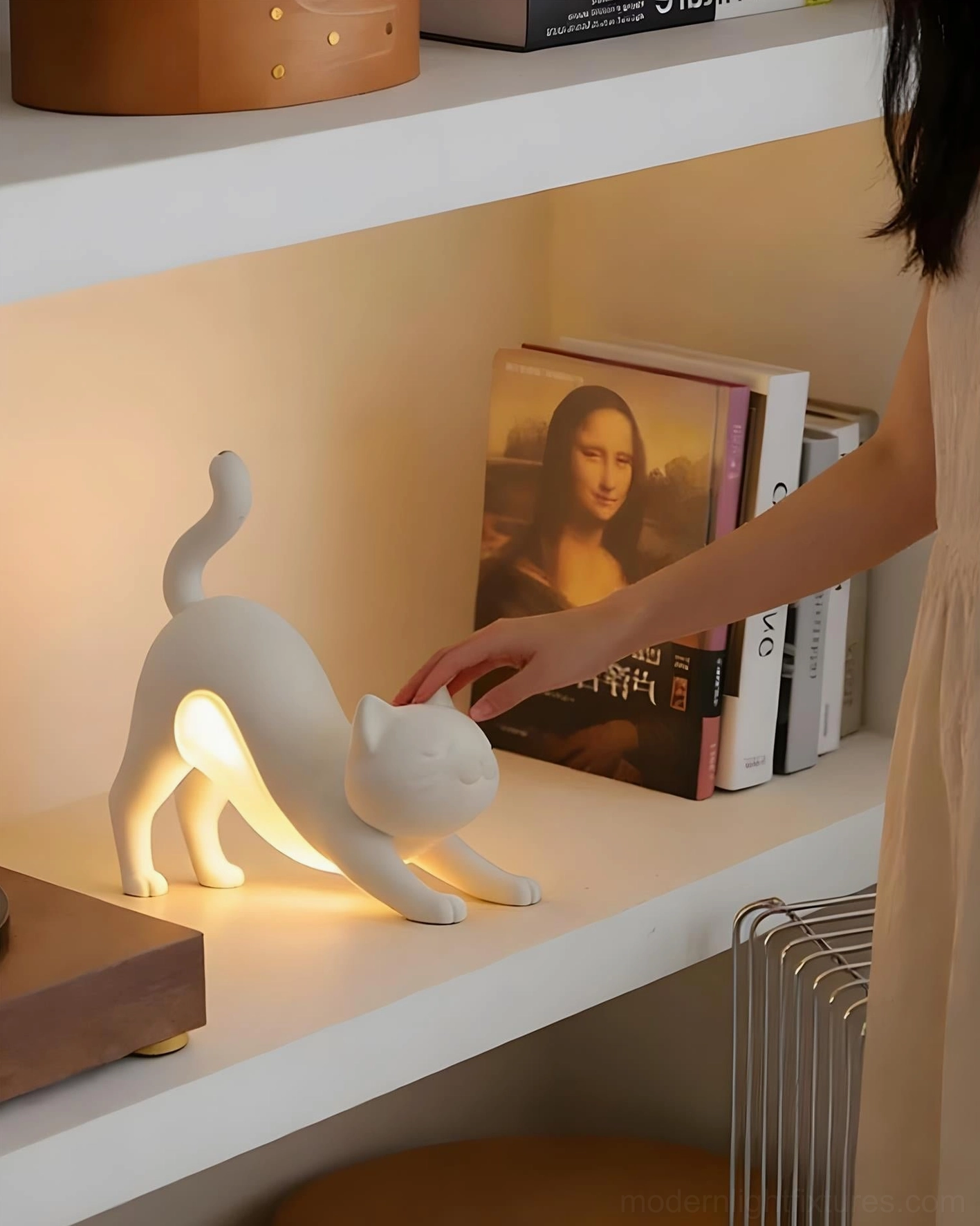 Hakimi cat table lamp as sculptural bookshelf display piece with integrated LED