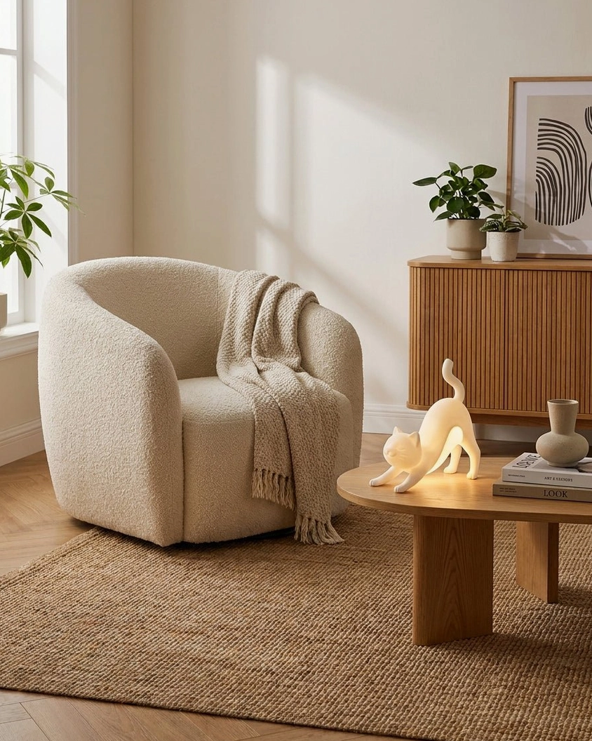 Hakimi modern cat table lamp side profile showing sculptural silhouette and light