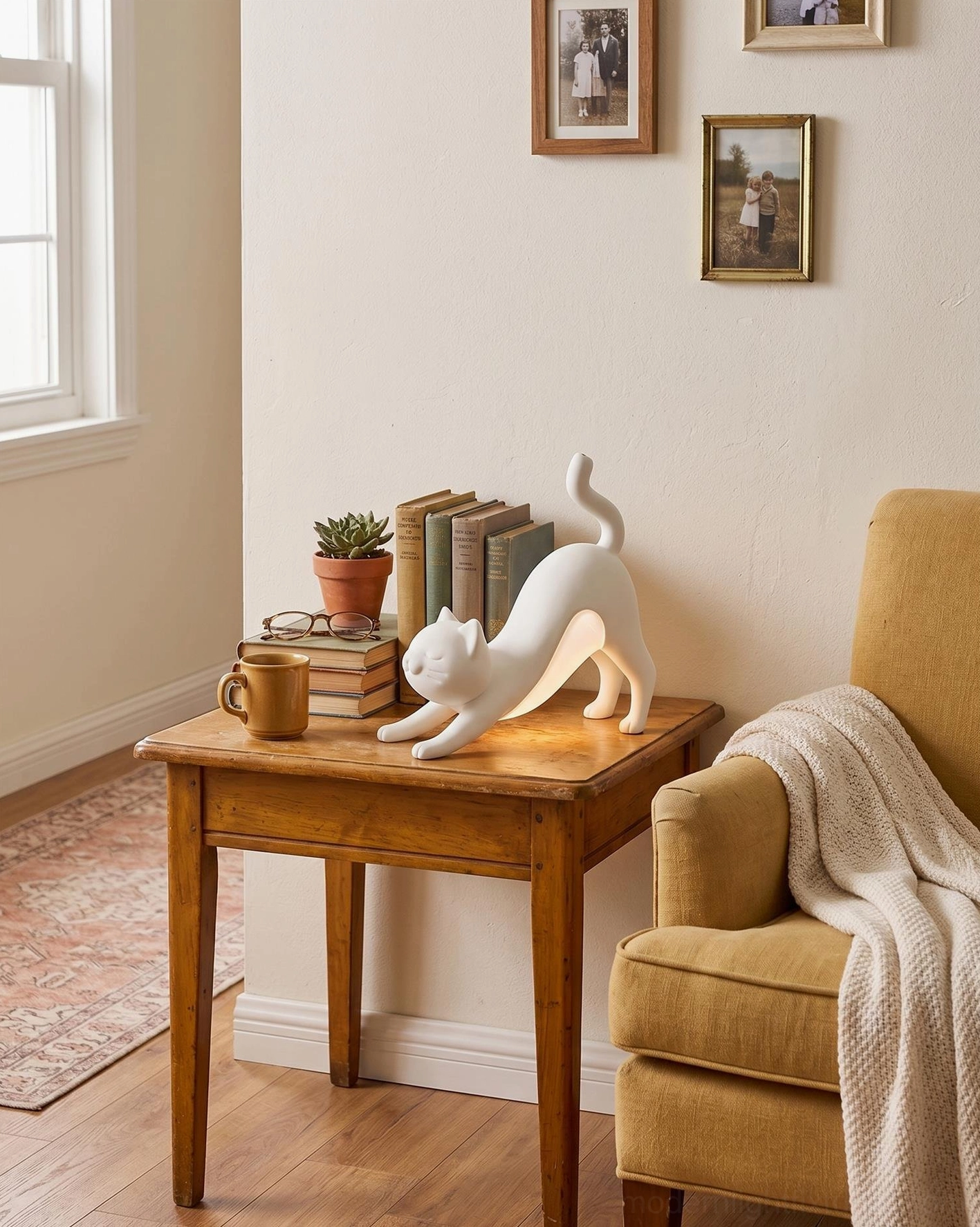 White cat lamp displayed on vintage living room side table with warm glow
