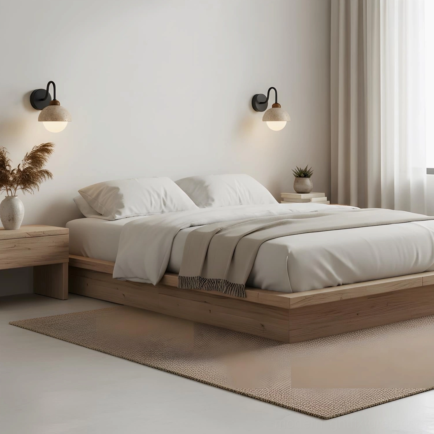 Pair of Halcyon Dome Wall Sconces installed beside wooden bed frame in minimalist modern bedroom, symmetric placement