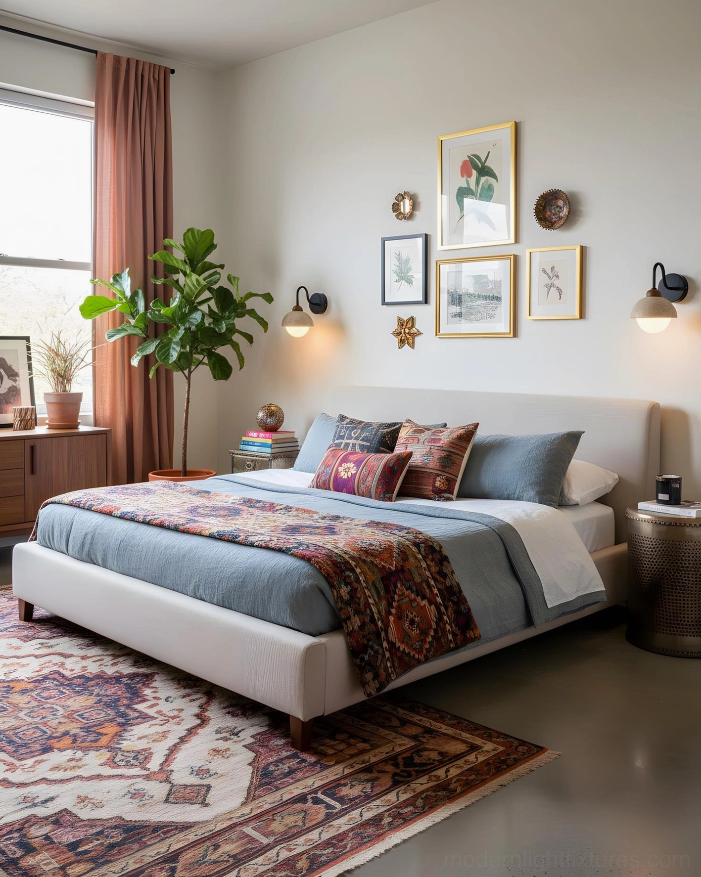 Two Halcyon Dome Wall Sconces above upholstered headboard in cozy bohemian bedroom with gallery wall artwork