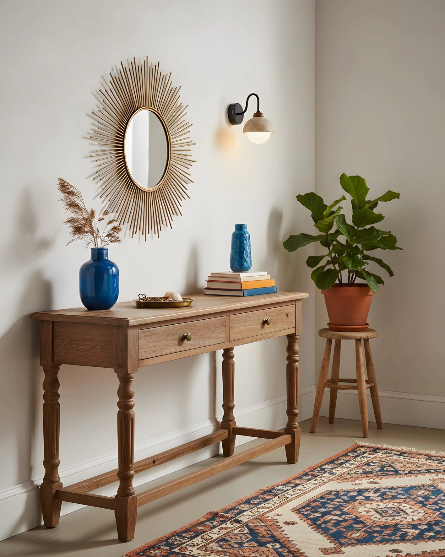 Halcyon Dome Wall Sconce installed in boho entryway beside sunburst mirror and cream wall decor