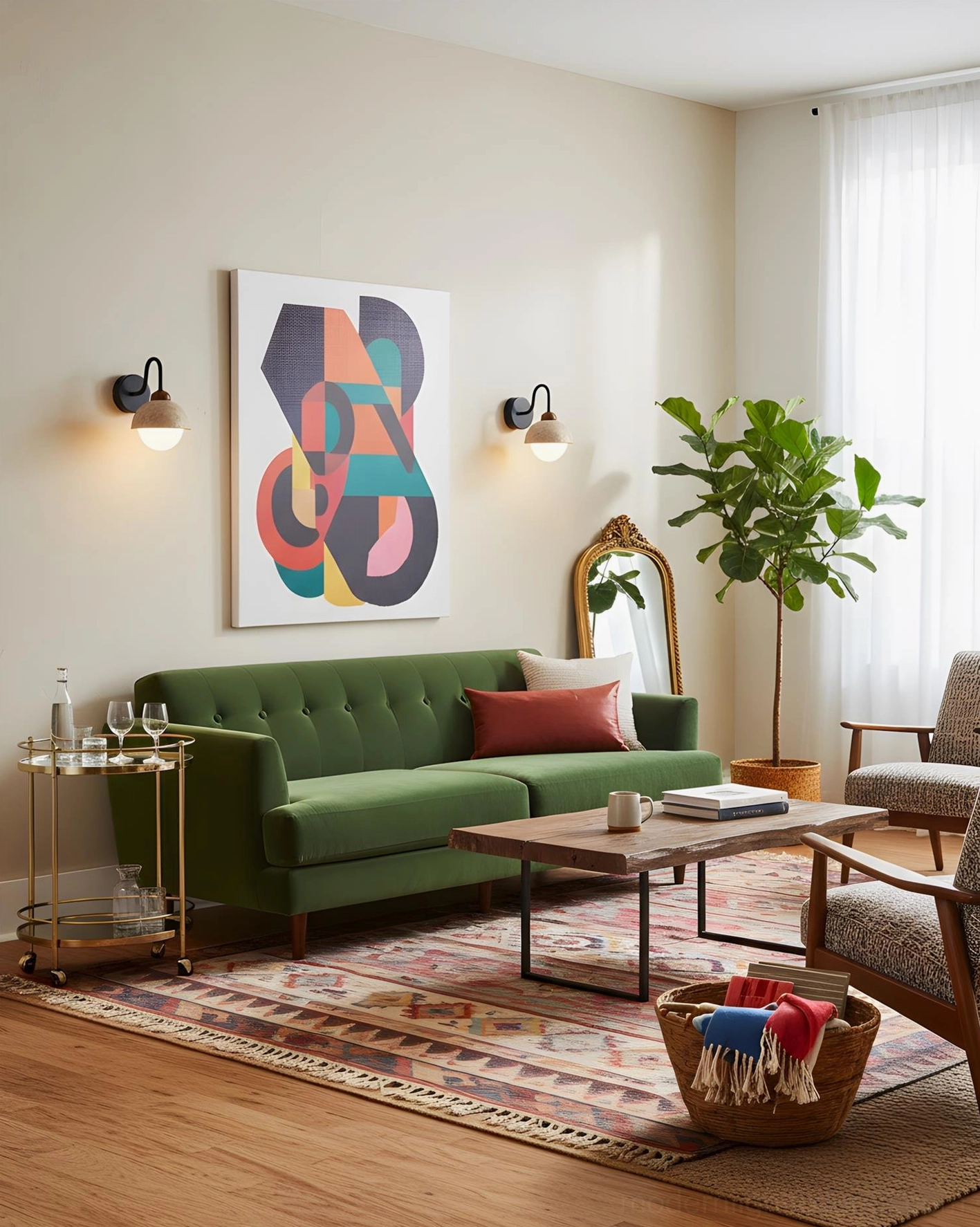 Four matching Halcyon Dome Wall Sconces symmetrically mounted on living room walls beside green velvet sofa, contemporary lighting design