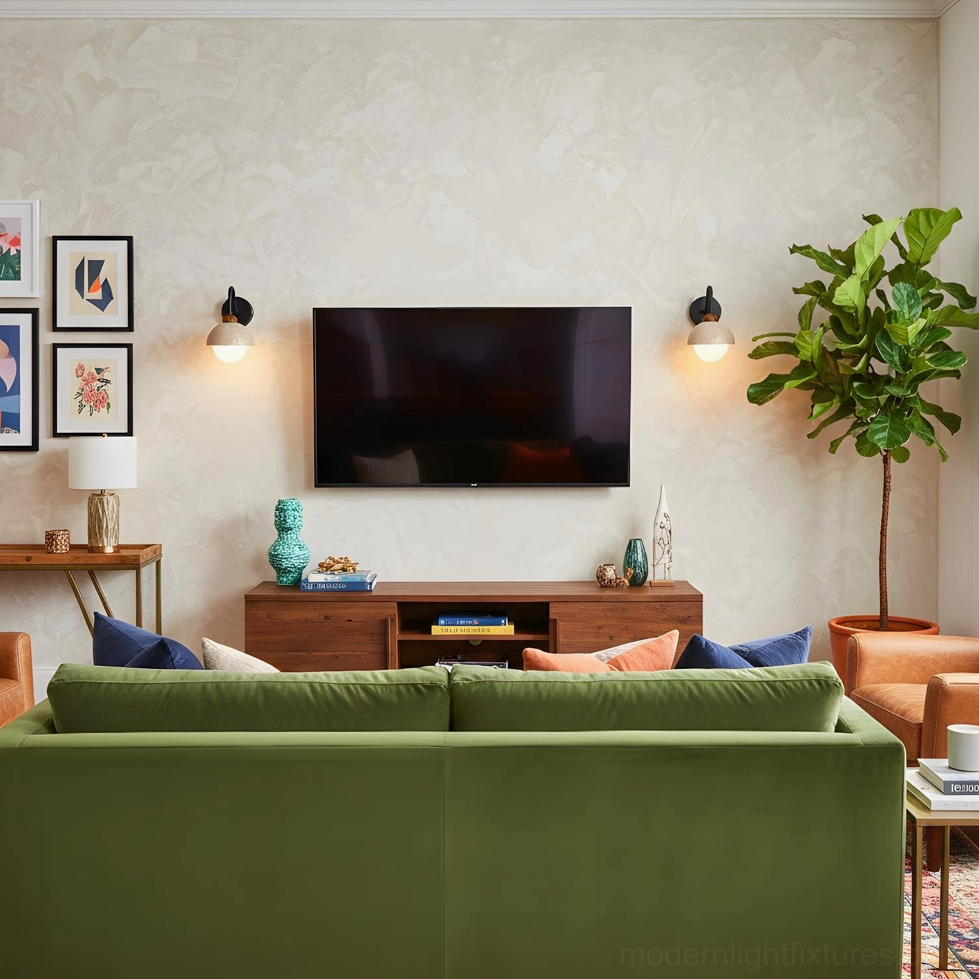 Two Halcyon Dome Wall Sconces flanking television console in mid-century modern living room with warm ambient lighting