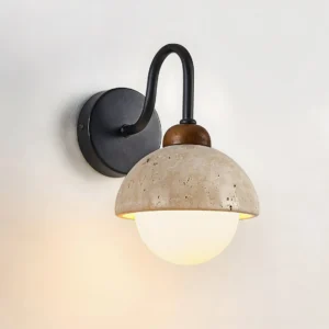Halcyon Dome Wall Sconce three-quarter angle view showing warm wood detail and frosted glass diffuser with illuminated glow
