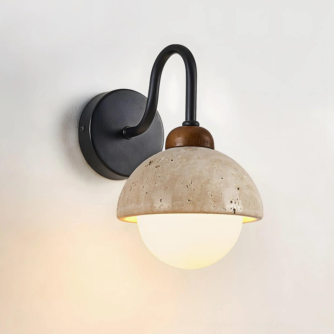 Halcyon Dome Wall Sconce three-quarter angle view showing warm wood detail and frosted glass diffuser with illuminated glow