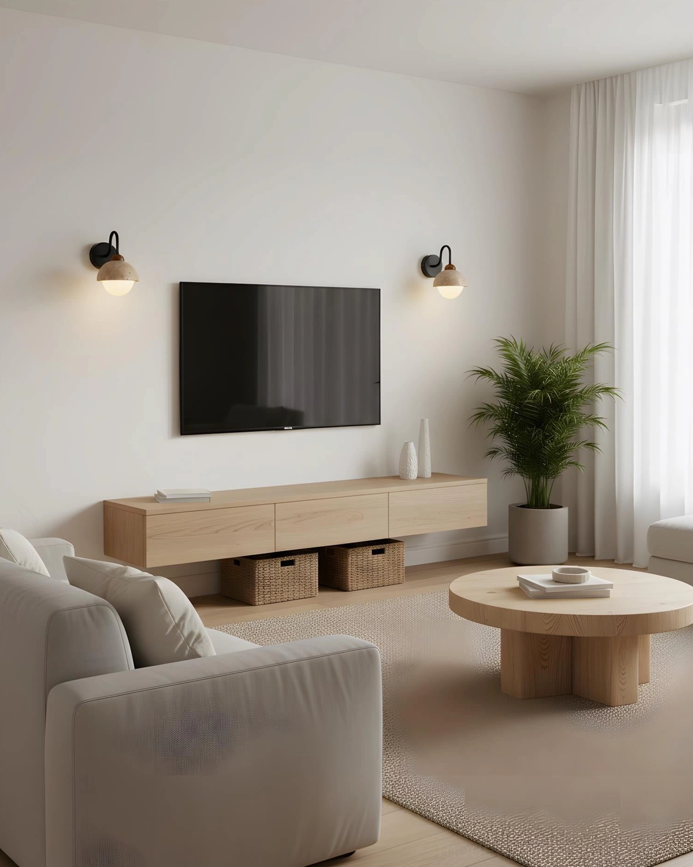 Two Halcyon Dome Wall Sconces flanking wall-mounted television in contemporary compact living room with low-profile media console