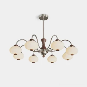 Halden mid-century modern chandelier with curved arms, brushed nickel metal frame, and frosted acrylic shades - front view studio shot