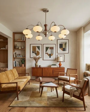 Halden multi-arm pendant light installed in modern mid-century living and dining room with warm ambient lighting