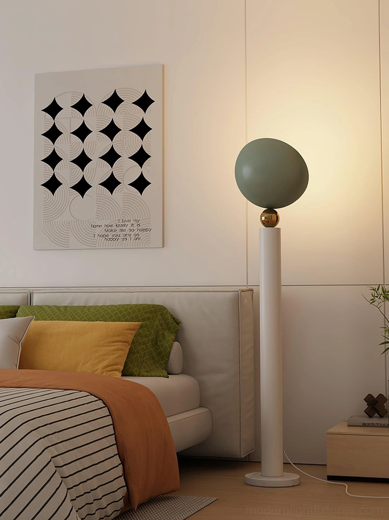 Half-sphere modern floor lamp with marble base and metal construction in contemporary living room