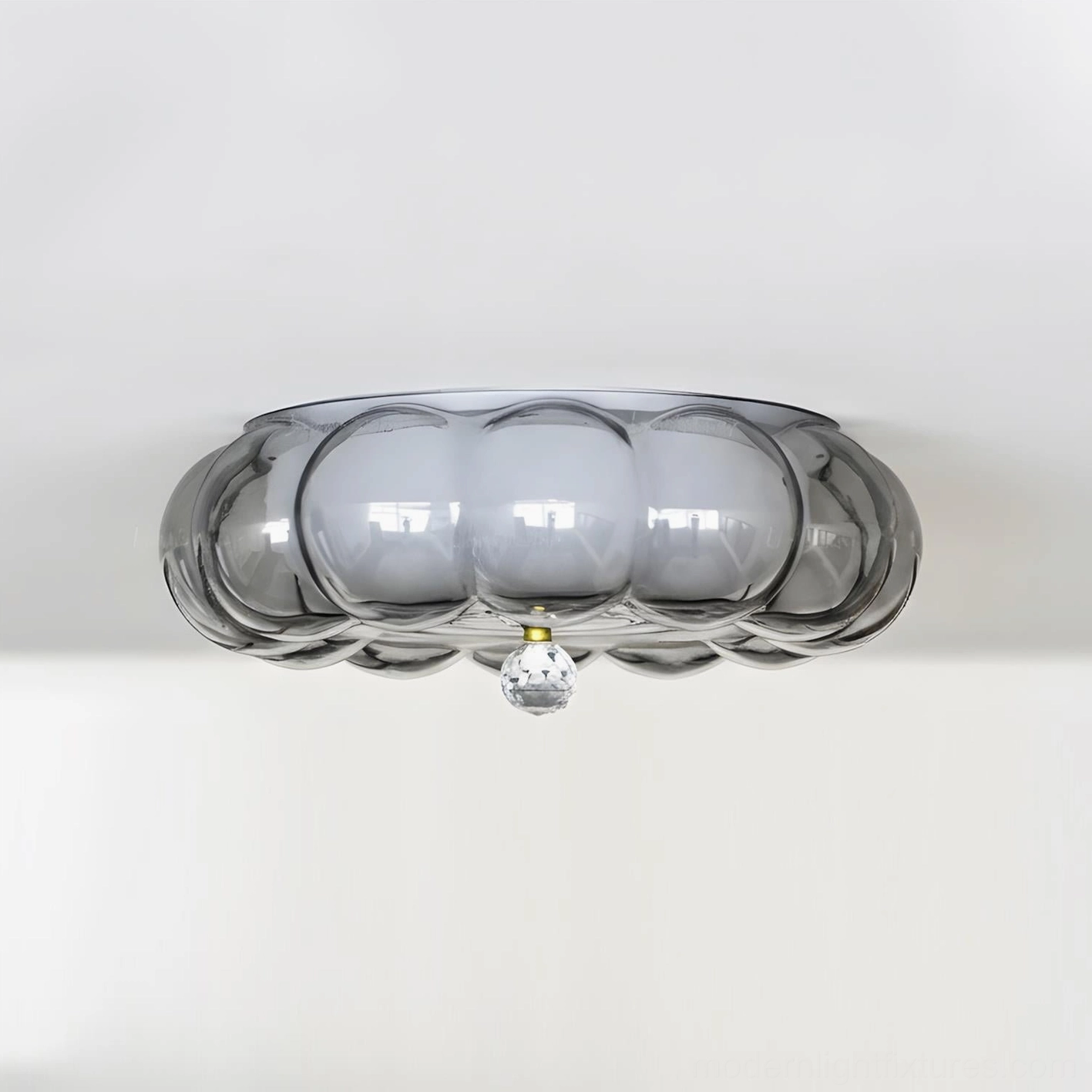 Modern glass ceiling light fixture showing dual-layer smoke glass design with crystal hanging ornament, angled perspective view
