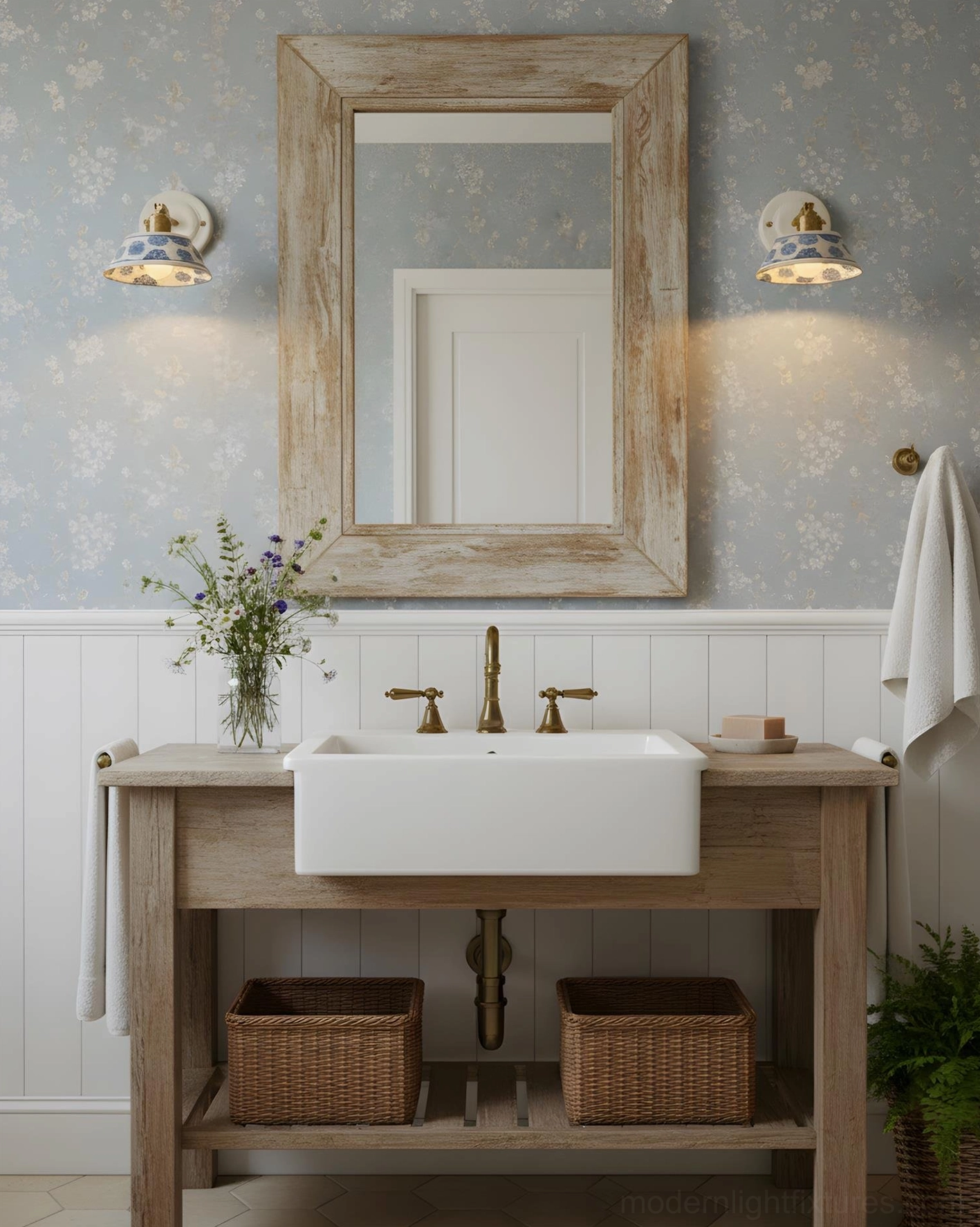 Hand-painted indigo porcelain wall sconce in hallway creating welcoming entry lighting