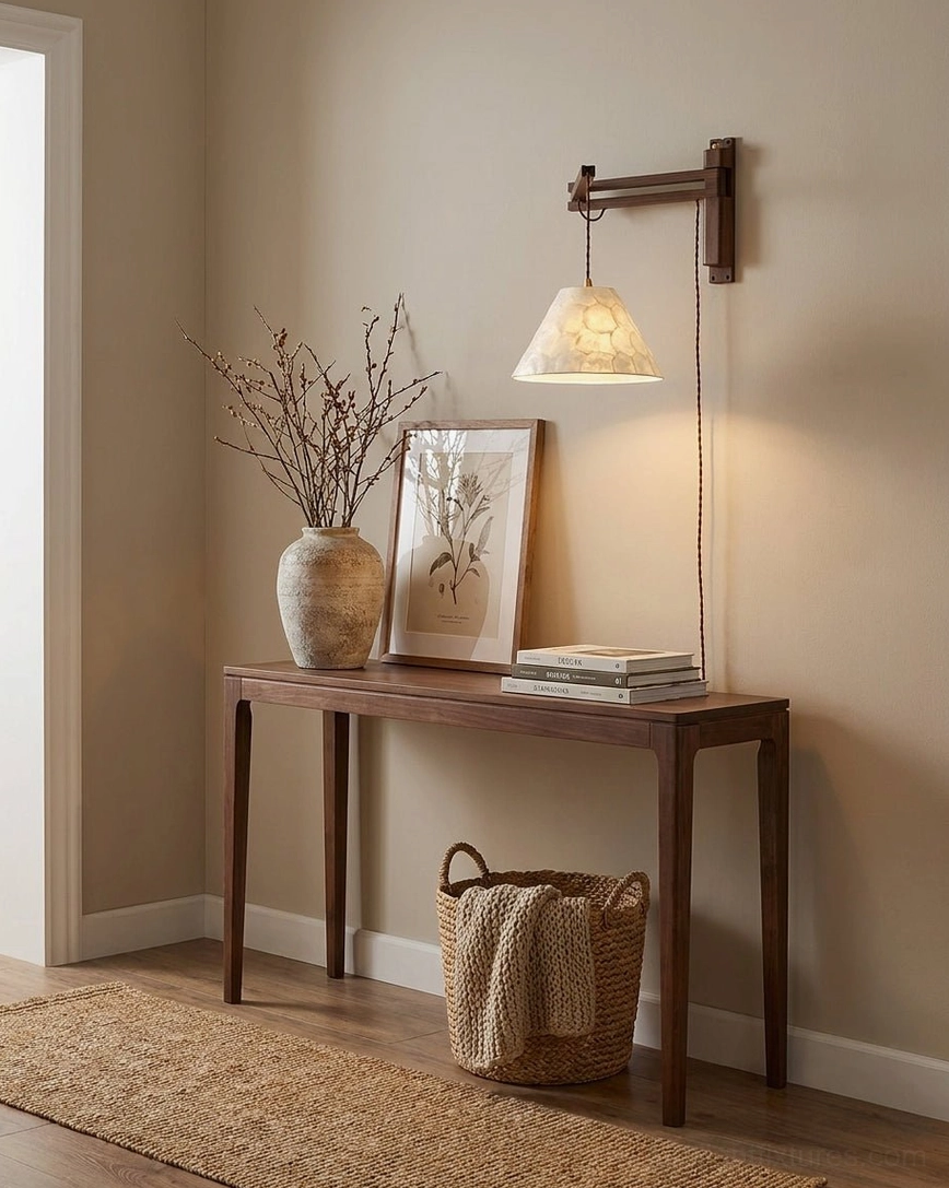 Entry hallway wall sconce installed above console table, warm neutral foyer accent lighting