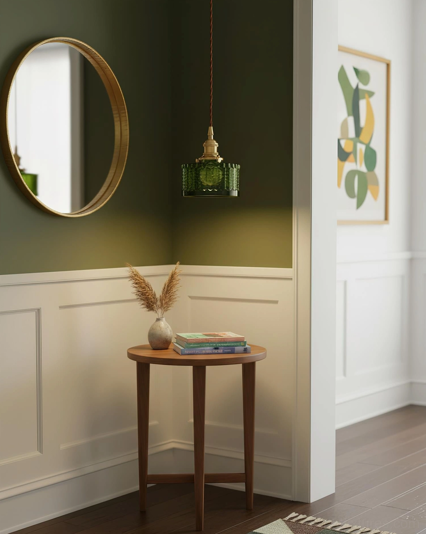 Vintage green pendant light in traditional hallway with wainscoting and brass round mirror - entryway