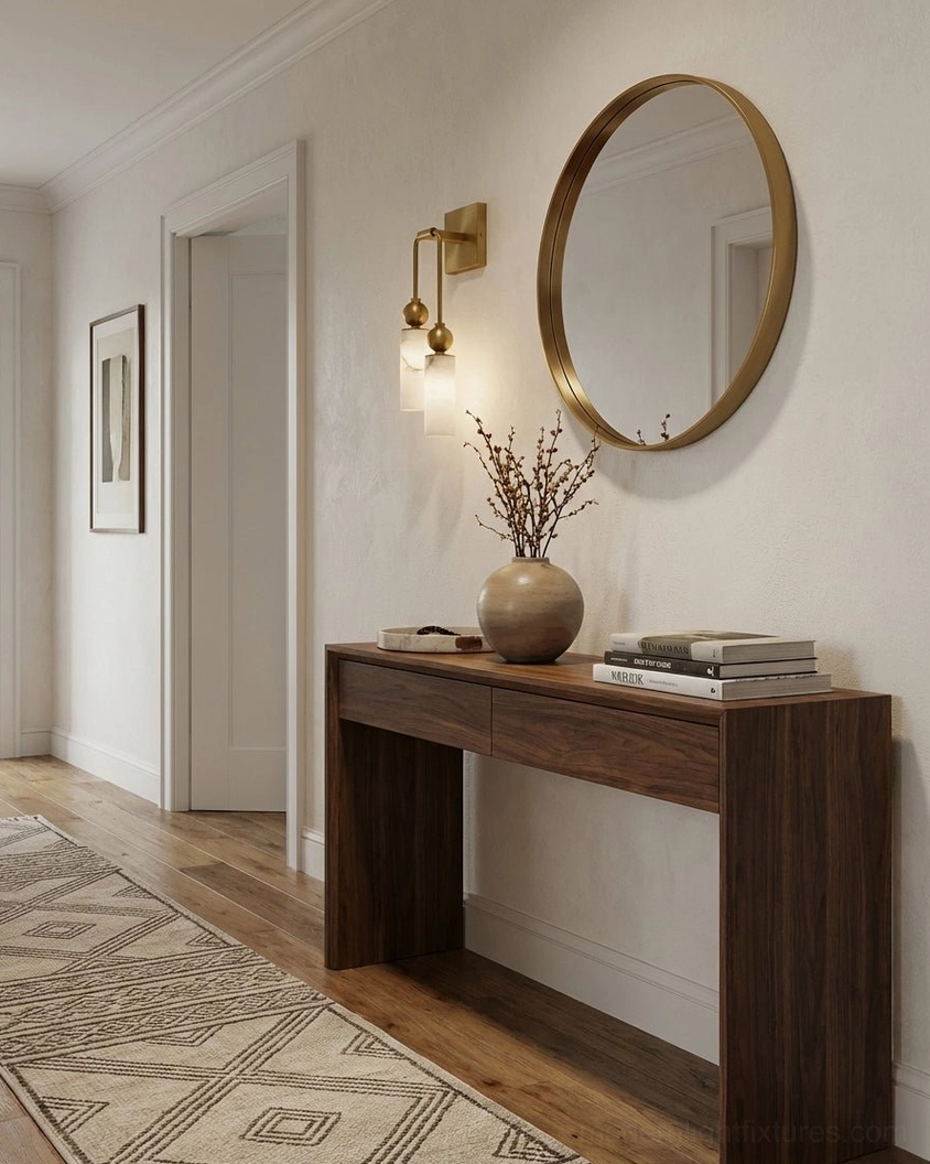 Single alabaster wall sconce in minimalist hallway with console table and round gold mirror - entry corridor modern lighting