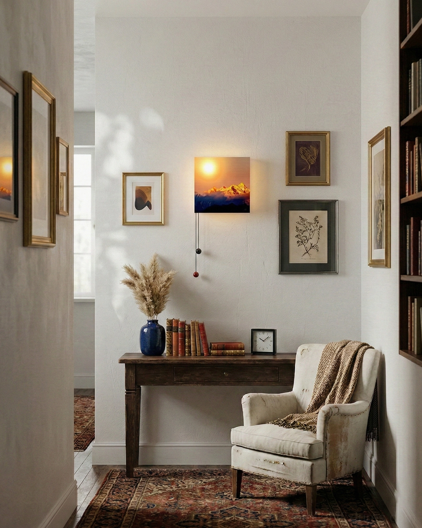 Modern square wall lamp installed in cozy hallway with decorative gallery wall arrangement