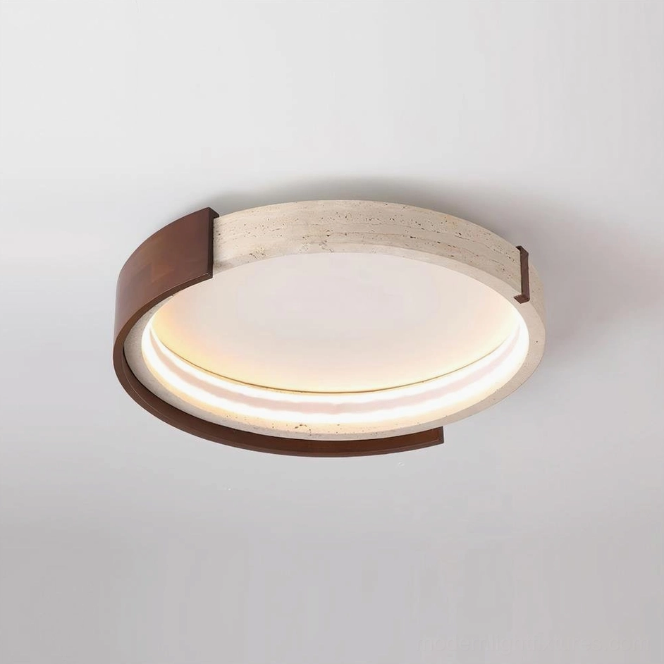 Medium 56cm halo travertine ceiling light installed in bedroom with 3000K warm ambient lighting