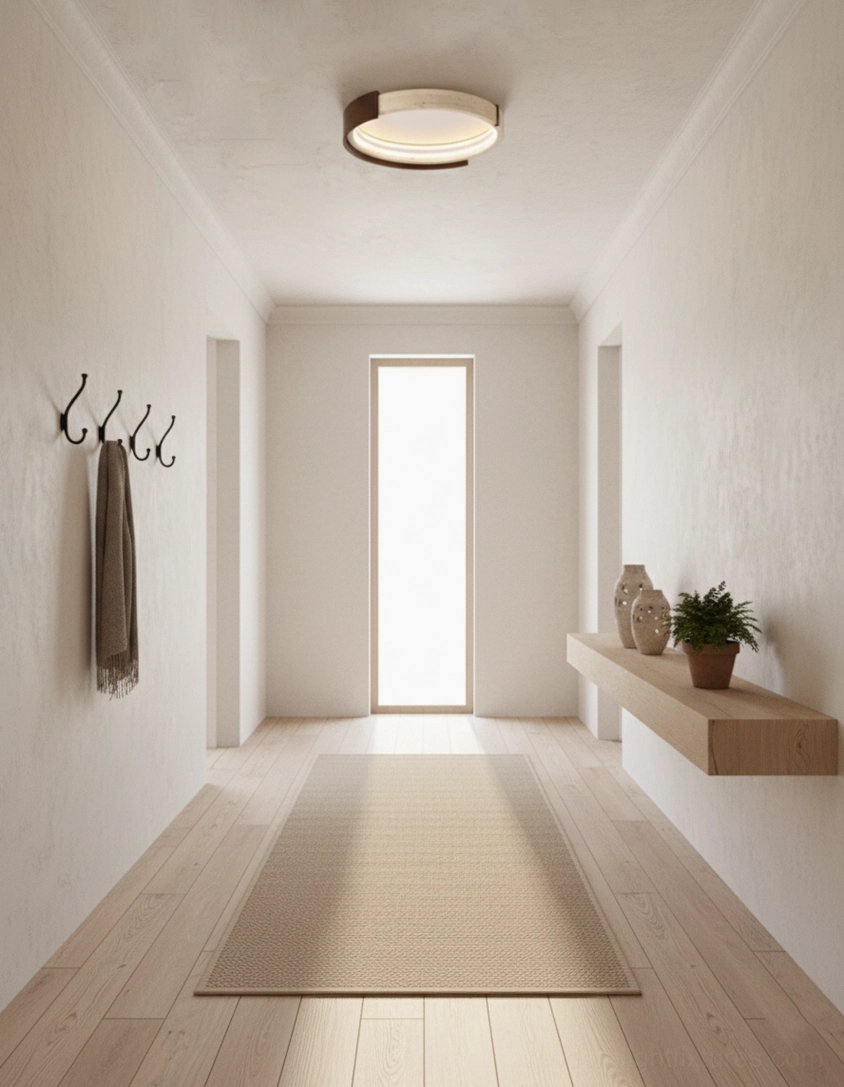 Halo ceiling lamp showing complete circular form with travertine body and wood accent details