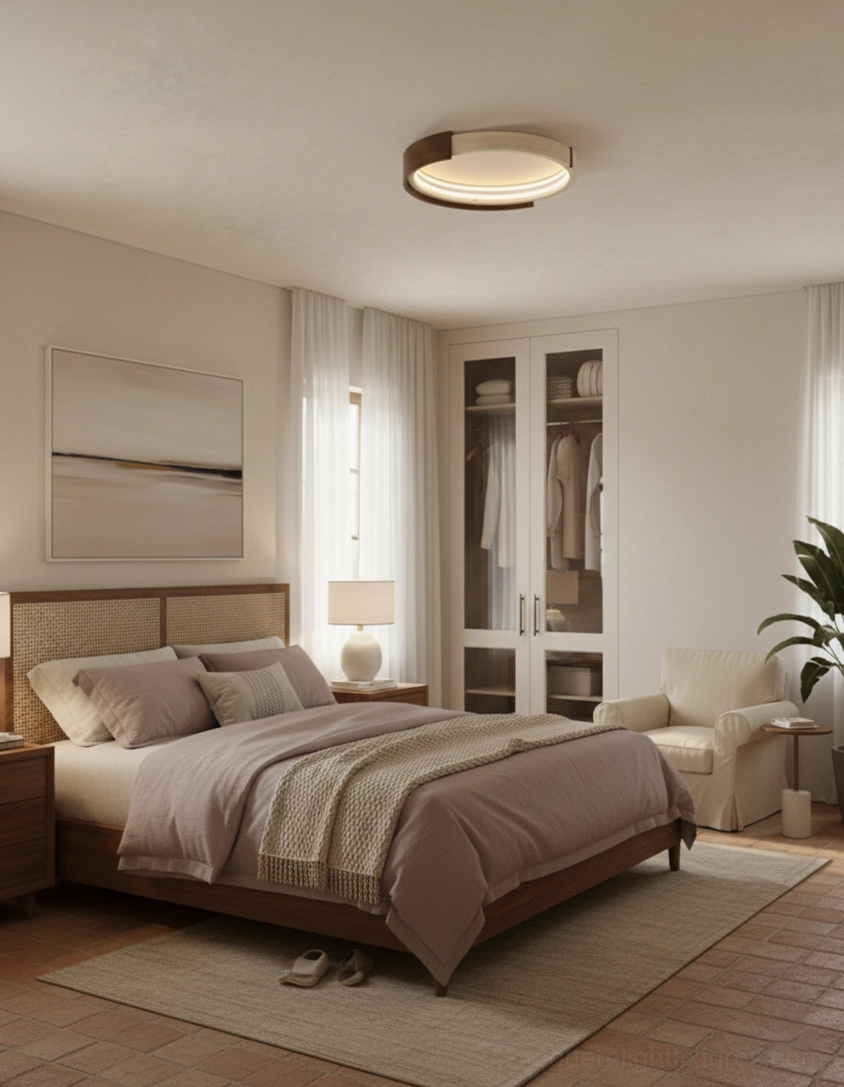 Halo ceiling lamp in cozy minimalist master bedroom with seating area and warm ambient glow