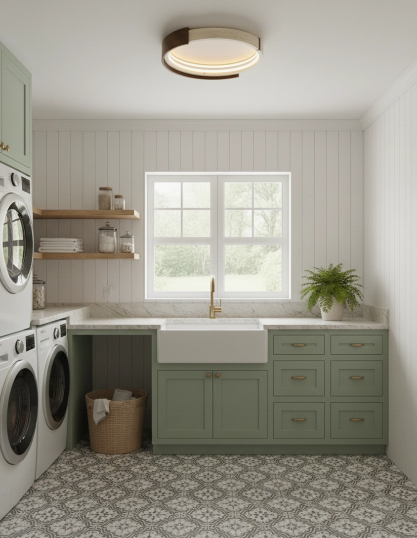 Halo travertine ceiling light in farmhouse modern laundry room with soft warm damp-rated illumination