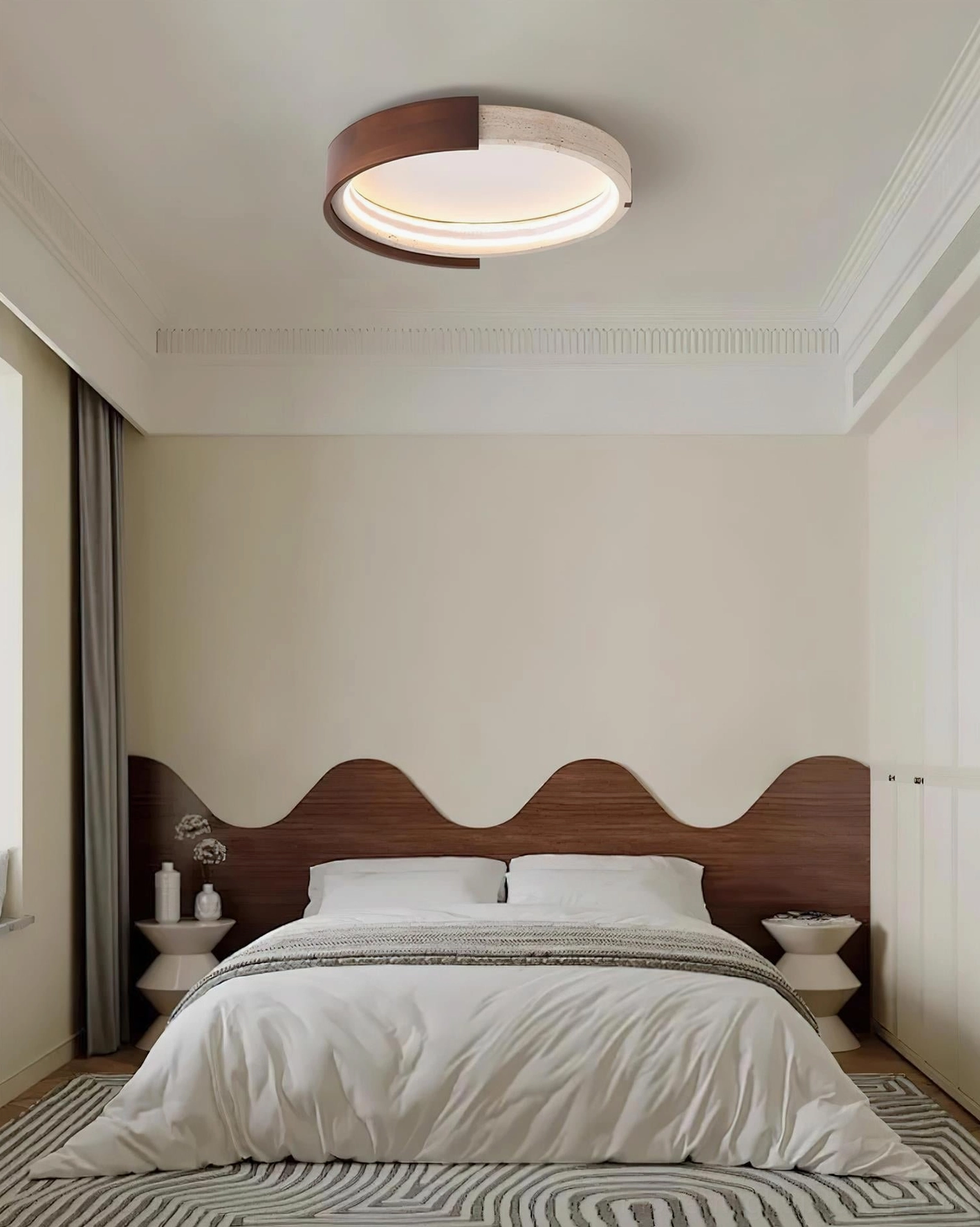 Halo ceiling light installed in modern master bedroom, warm 3000K ambient lighting creating soft illumination
