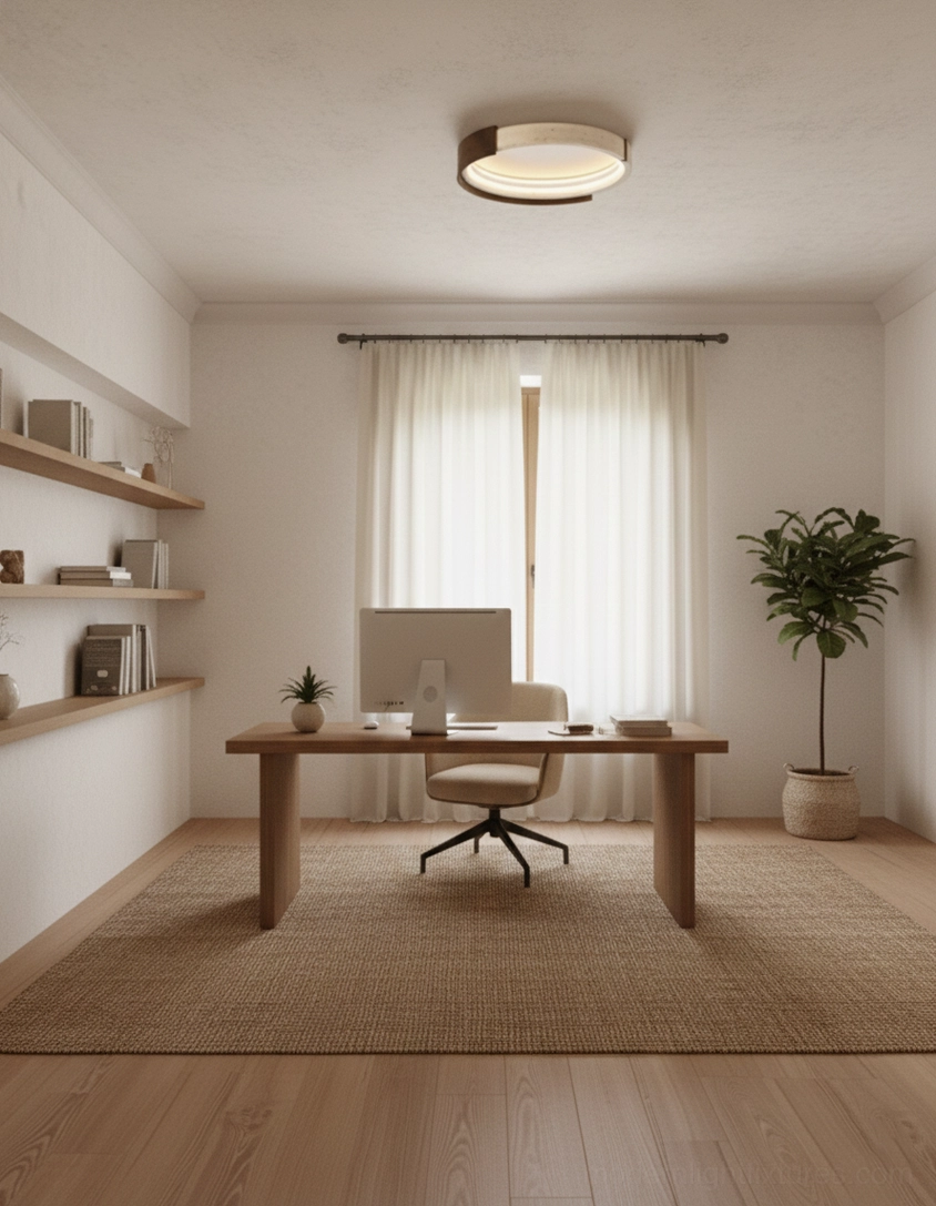 Halo ceiling light in neutral interior space with soft ambient lighting and clean architectural lines