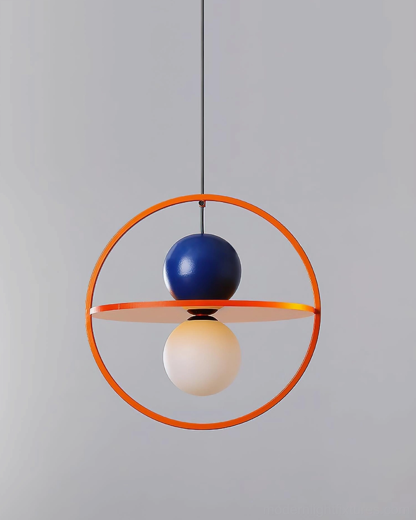 Halo Duo modern pendant lamp frontal view circular metal frame dual spherical accents