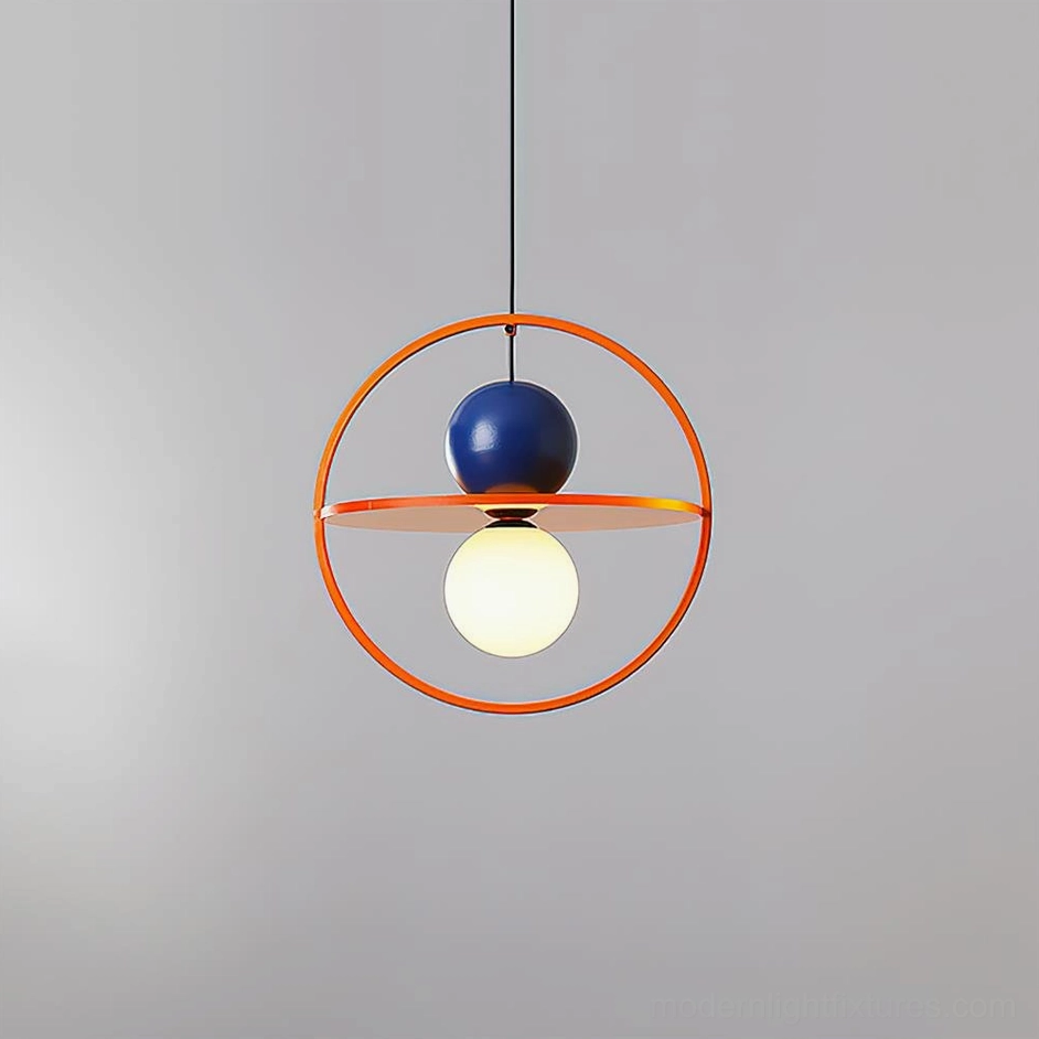 Halo Duo pendant lamp three-quarter view illuminated frosted glass bulb hanging cord detail