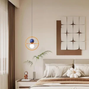 Halo Duo pendant light hanging in modern master bedroom over bed contemporary interior design