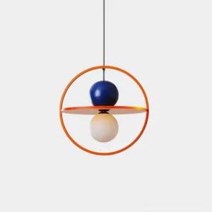 Halo Duo modern pendant light frontal view showing geometric sphere design in orange and blue color scheme