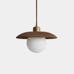 Halo oak globe pendant light - front close-up showing ribbed wood texture and brass fitting detail