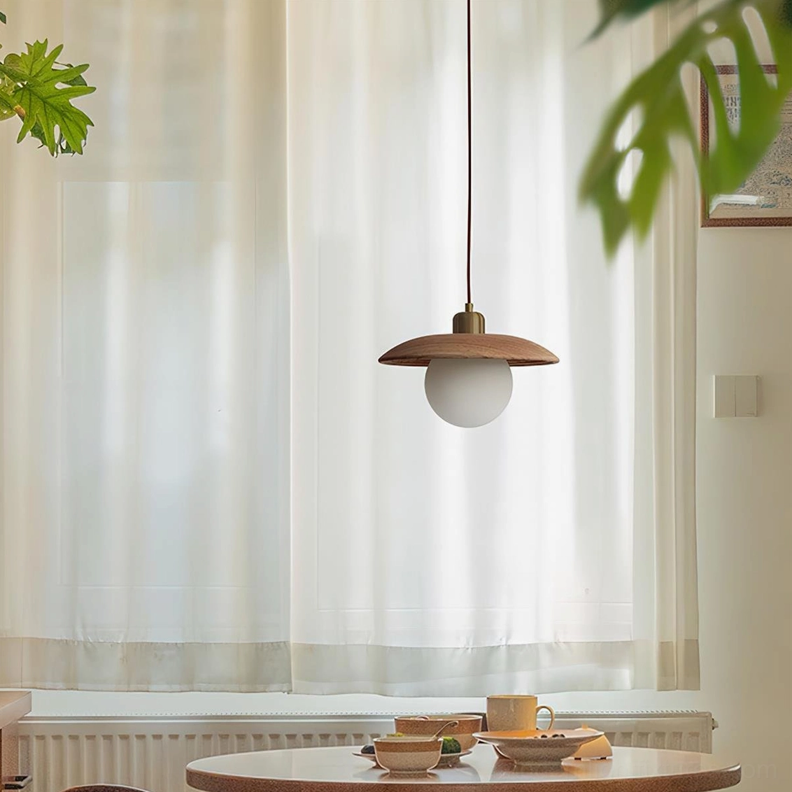 Single wood globe pendant light in Japandi style sunlit dining nook near window curtains