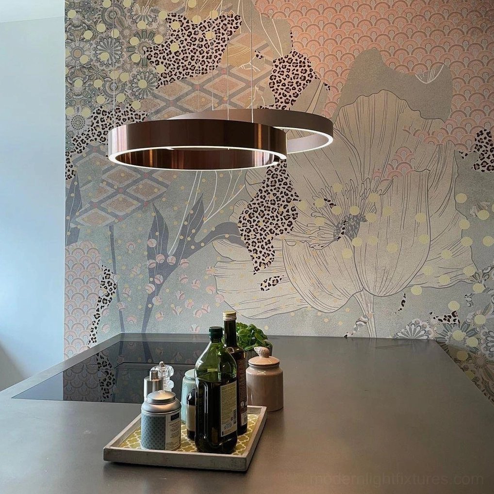 Halo pendant lamp installation detail showing adjustable wire length and mounting hardware