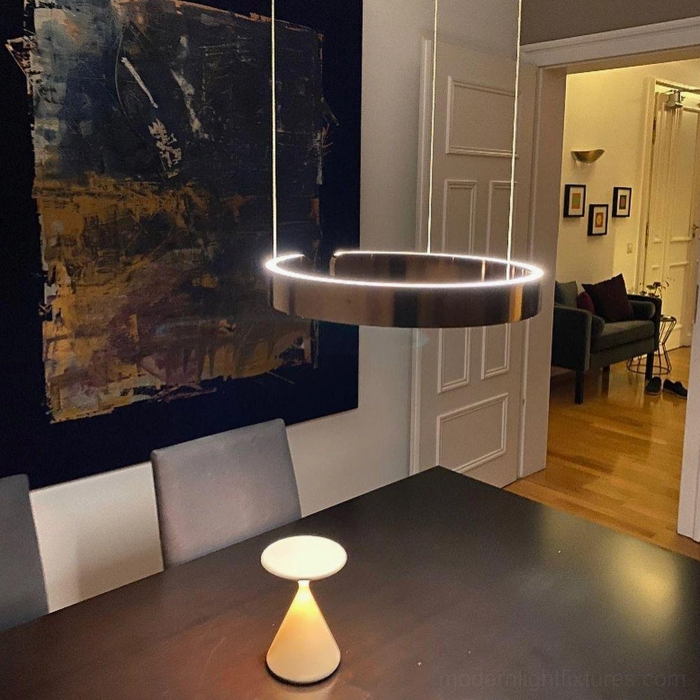 Halo LED pendant lamp detail view highlighting aluminum construction and metal frame design