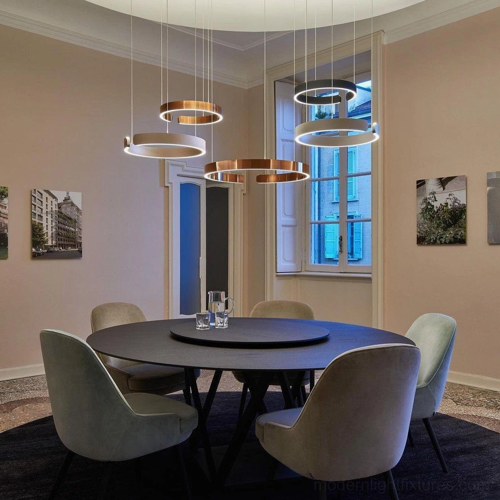 Halo ring LED pendant lamp showing aluminum shade material and construction quality