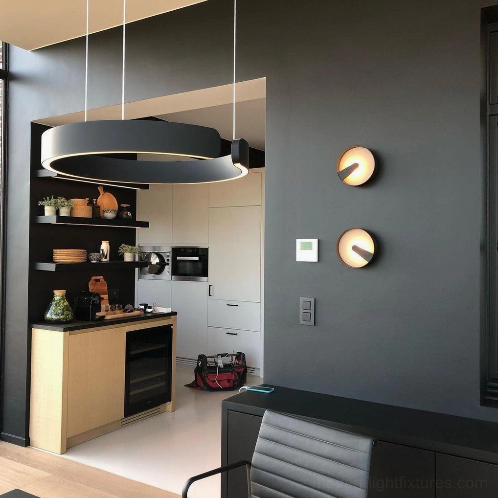 Halo pendant light installation showing interior eye-level perspective in contemporary dining space