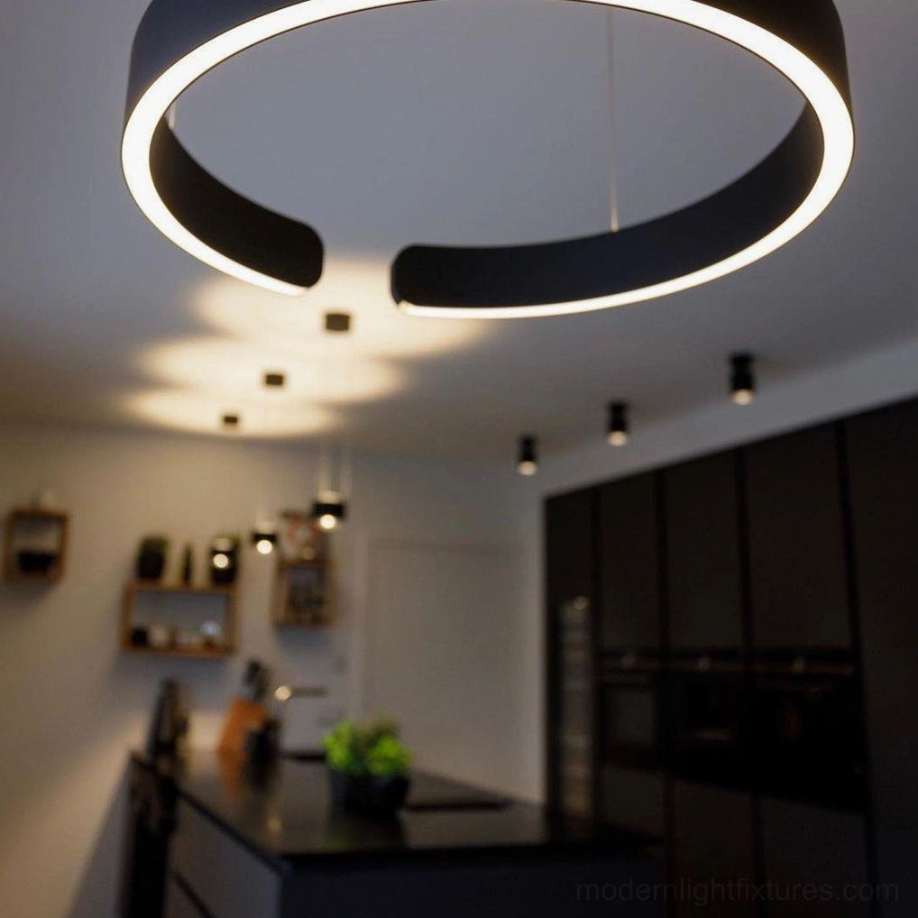 Halo ring pendant light creating geometric ceiling focal point in open concept modern home