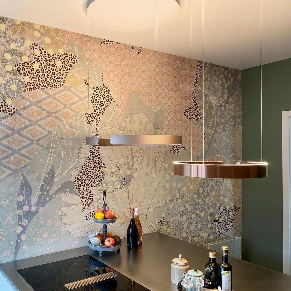 Halo ring pendant light installation over kitchen island showing task and ambient lighting capability