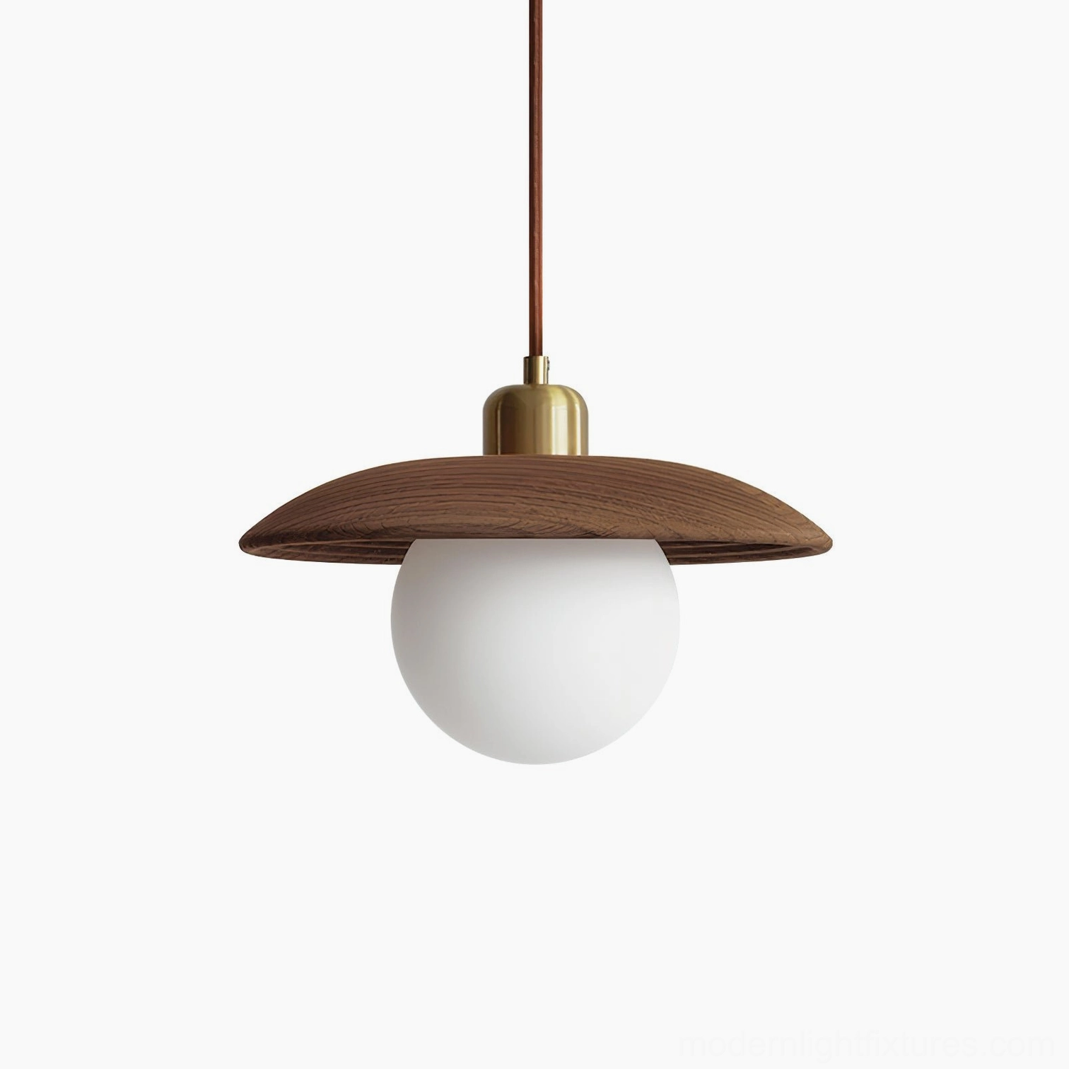Halo oak pendant light with dark walnut finish in studio lighting showcasing mid-century modern design