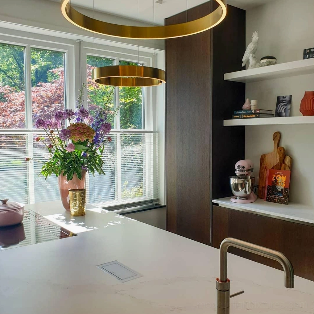 Halo ring pendant lamp demonstrating versatile placement as ceiling light and room accent fixture