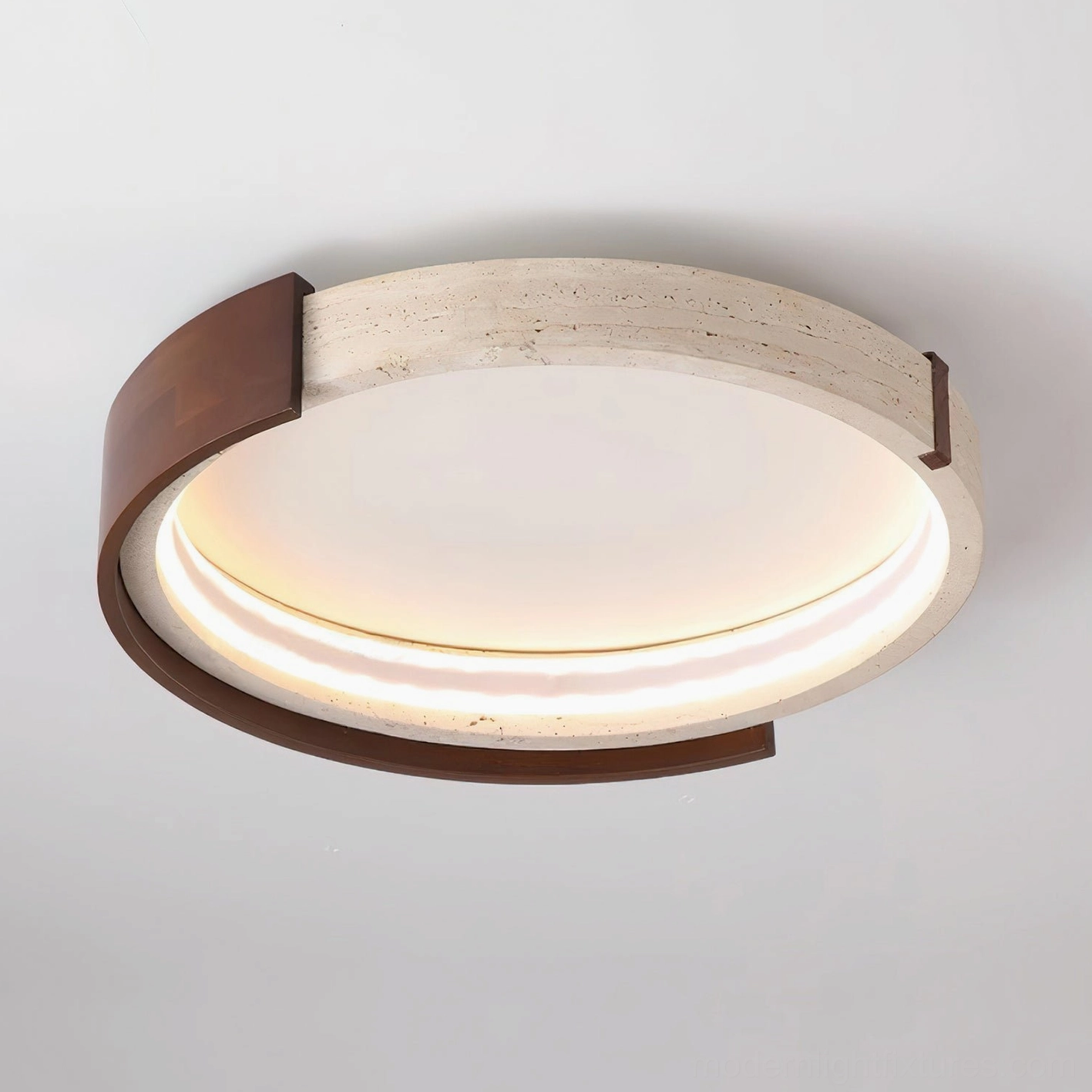 Large 65cm halo travertine flush mount ceiling lamp showing side profile and integrated LED backlit design