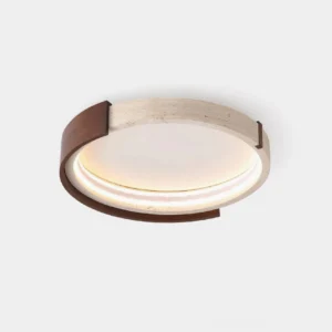 Halo modern travertine ceiling light with walnut wood ring detail, front close-up studio view