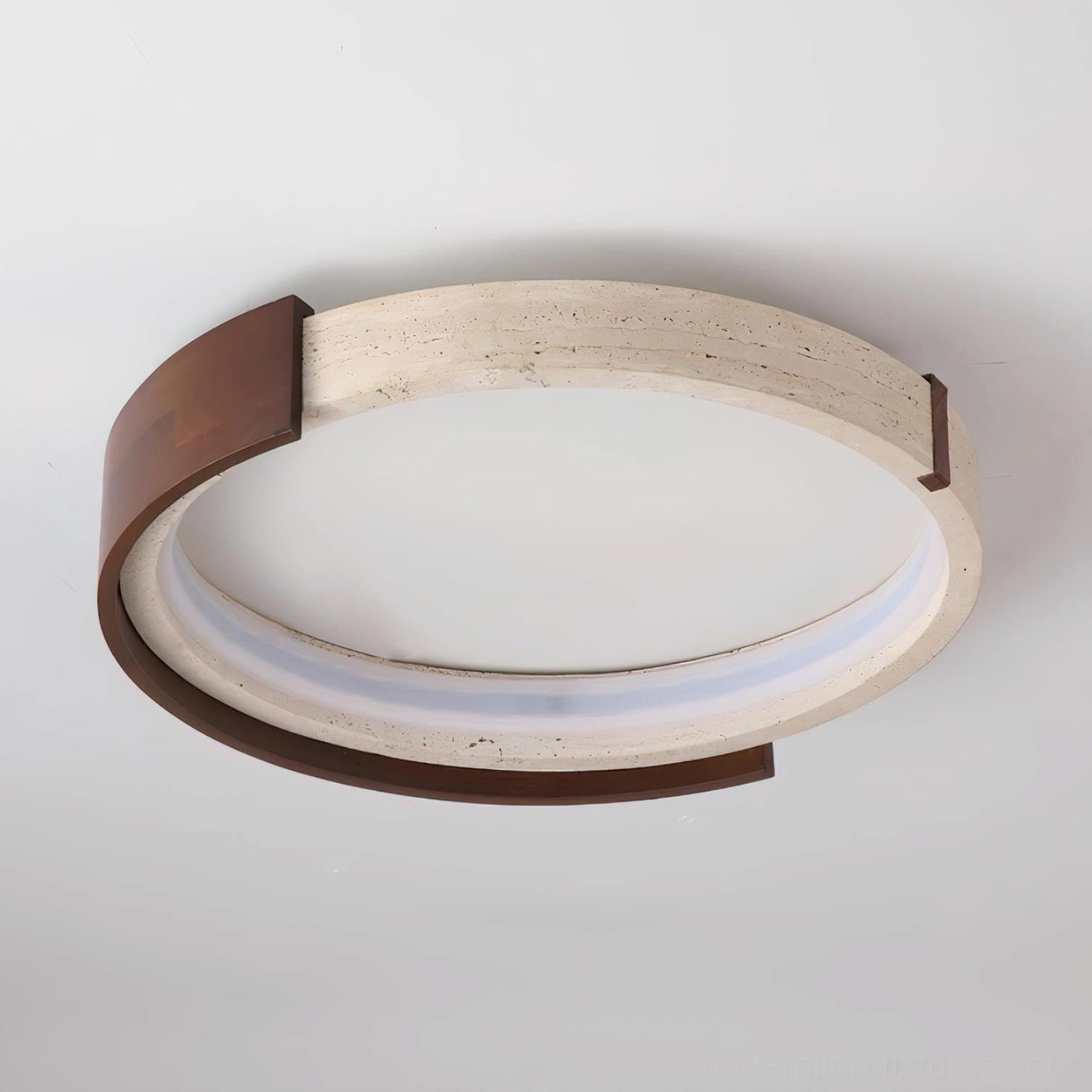 Halo travertine flush mount ceiling lamp artistic studio photography showing design detail