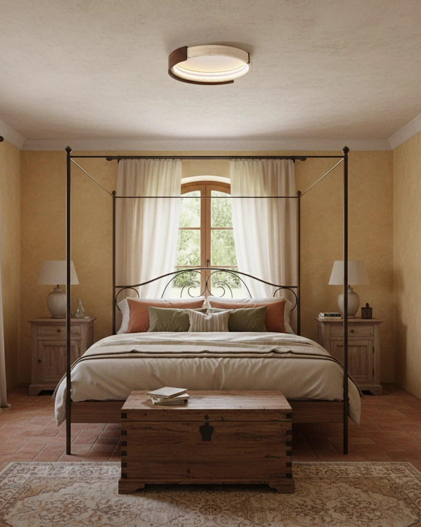Halo modern travertine flush mount ceiling light showing sculptural circular form and natural stone character