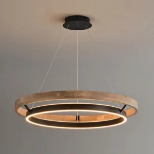 Haloa LED chandelier ceiling mount detail showing integrated warm white lighting and matte black metal frame with wood grain accent