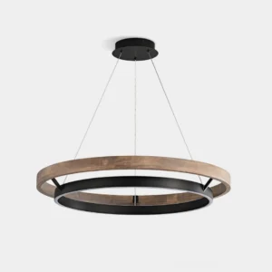 Haloa modern pendant chandelier with dual wooden and metal rings in warm white LED light, front overhead view against white studio background