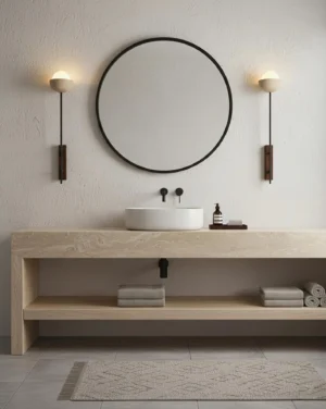 Paired Halvo wall sconces flanking bathroom vanity mirror for balanced task lighting and ambient warmth