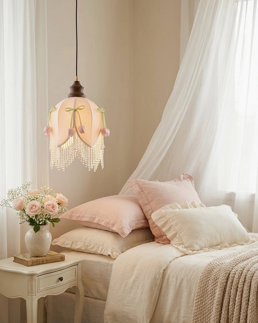 Hanavelle cream pendant light side view in cozy bedroom with pink bedding and sheer curtains, soft warm glow, romantic feminine bedroom design