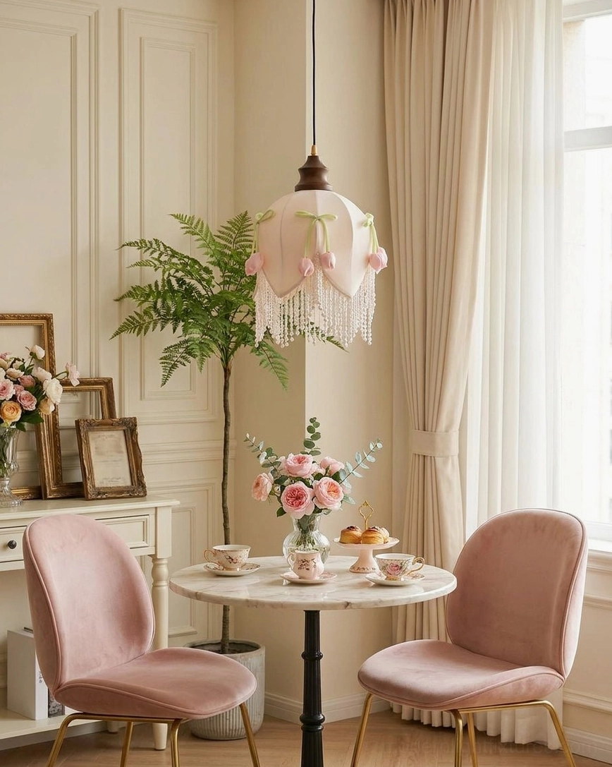 Hanavelle tulip pendant light in elegant dining area with pink velvet chairs and potted plant, warm light casting over round table, French country interior styling
